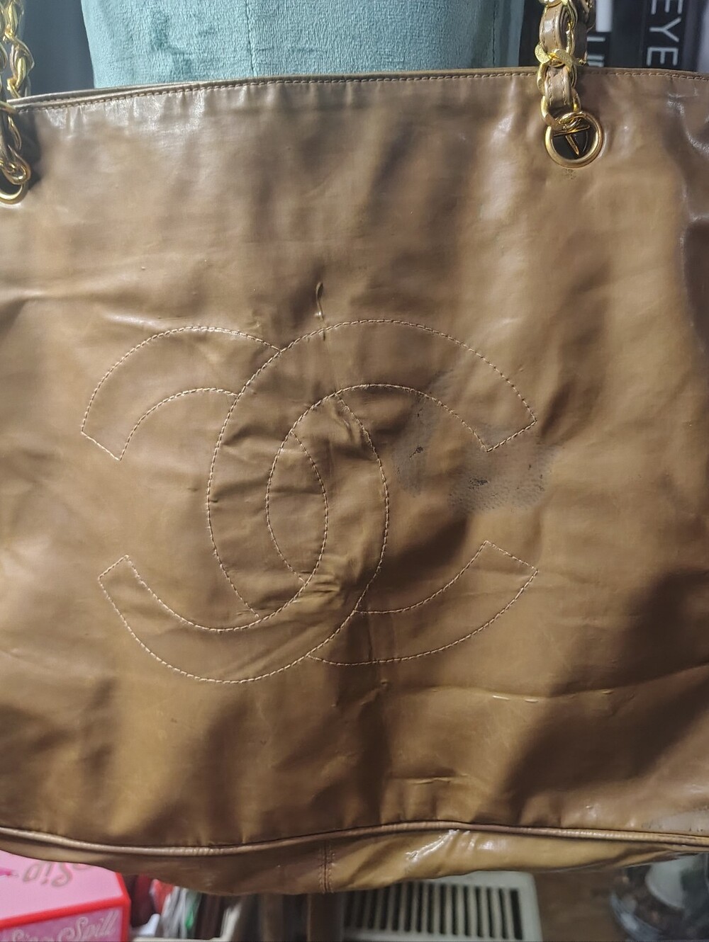 CHANEL Brown Quilted Leather CC Tote with Gold Chain Handles
